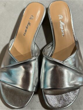 Metallic Silver Cross-Strap Slide Sandals